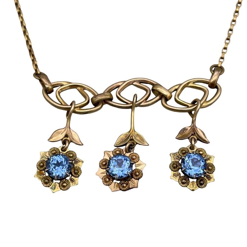 Vintage 12k 1/20 Gold Filled Three Flowers Crystal Pendants Box Chain Necklace